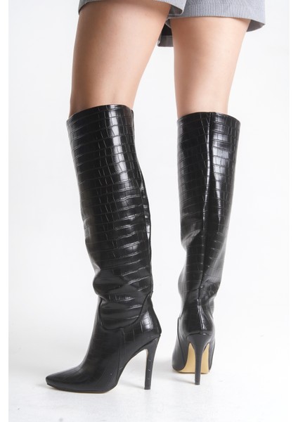 Ince Yüksek Topuklu Parlak Siyah Diz Üstü Kadın Uzun Çizme indirimleri