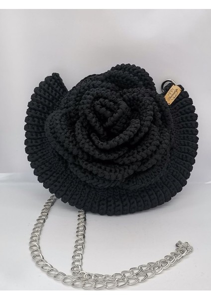 Siyah Gül Detaylı Kadın Omuz Çantası Makrome Tığ Işi El Yapımı
