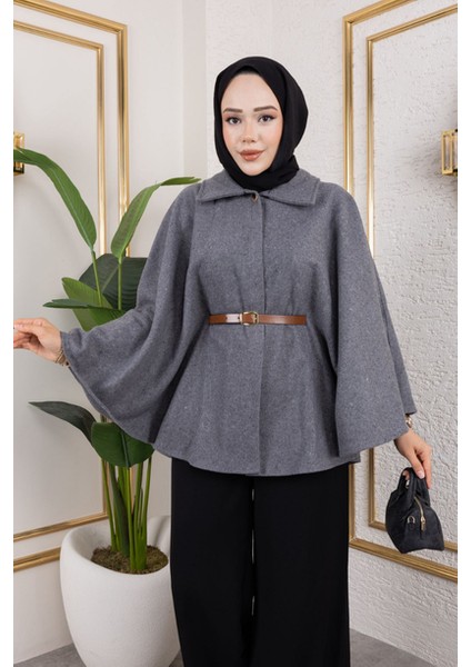 Tek Düğmeli Oversize Kemerli Kaşe Panço