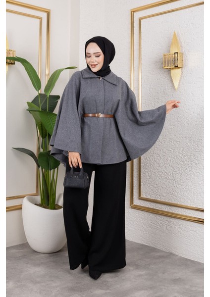 Tek Düğmeli Oversize Kemerli Kaşe Panço modelleri