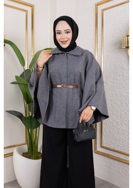 Tek Düğmeli Oversize Kemerli Kaşe Panço fırsatları