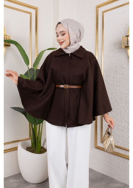 Tek Düğmeli Oversize Kemerli Kaşe Panço