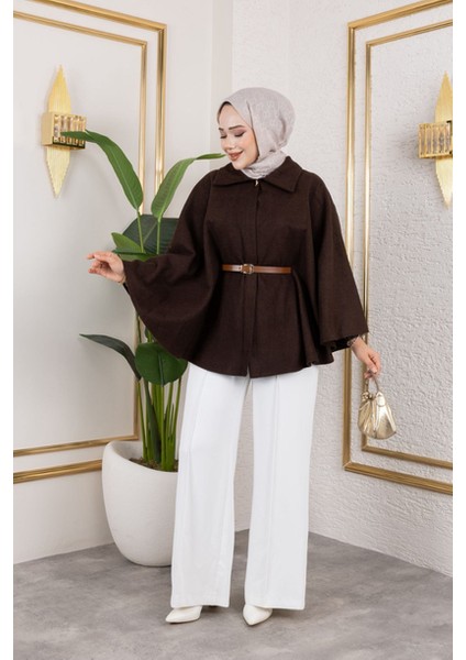 Tek Düğmeli Oversize Kemerli Kaşe Panço fırsatları