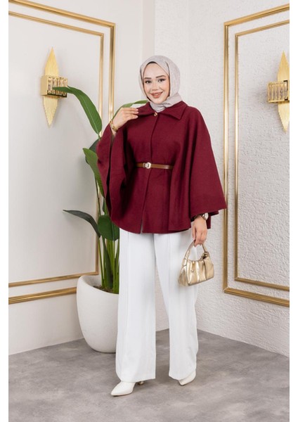 Tek Düğmeli Oversize Kemerli Kaşe Panço modelleri