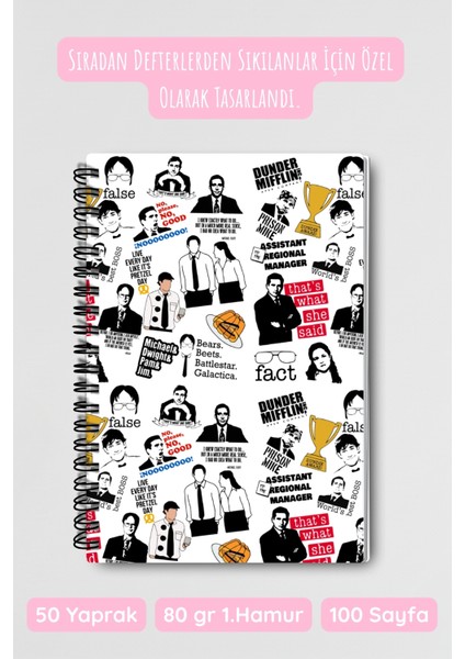 The Office Michael Scott Dwight Jim Pam Tasarımlı Tel Spiralli Çizgisiz Defter
