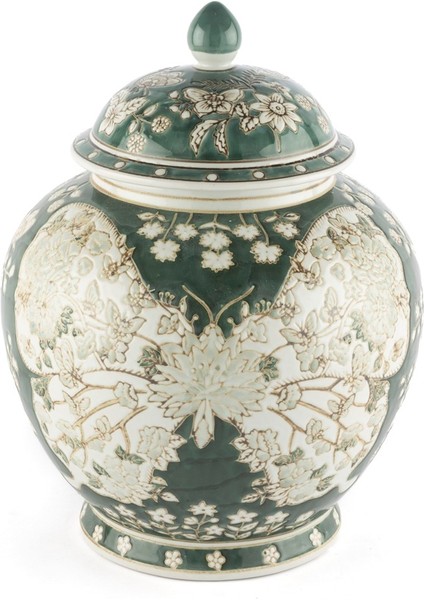 Yeşil Beyaz Kelebekli Küp Kapaklı Vazo 26X31CM