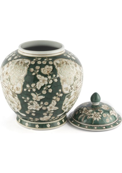 Yeşil Beyaz Kelebekli Küp Kapaklı Vazo 26X31CM fiyatları