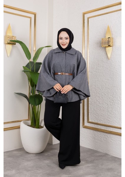 Tek Düğmeli Oversize Kemerli Kaşe Panço indirimleri