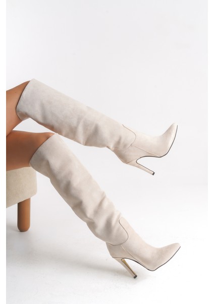 Ince Yüksek Topuklu Süet Bej Diz Üstü Kadın Uzun Çizme