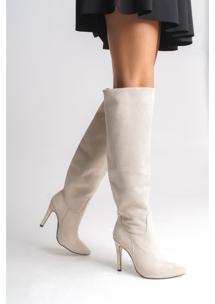Ince Yüksek Topuklu Süet Bej Diz Üstü Kadın Uzun Çizme fiyatları