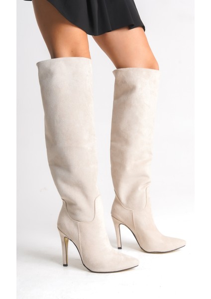 Ince Yüksek Topuklu Süet Bej Diz Üstü Kadın Uzun Çizme modelleri