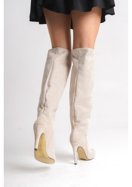 Ince Yüksek Topuklu Süet Bej Diz Üstü Kadın Uzun Çizme fırsatları