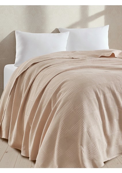 %100 Pamuk Pike Battal Boy Örtü – Karo Desen Bej Renk, 240X230 cm