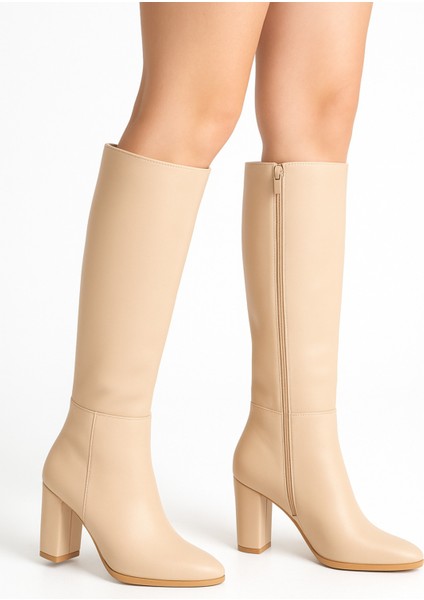 Kadın Krem Topuklu Nude Deri Görünümlü Fermuarlı Uzun Çizme fiyatları