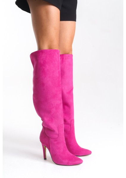 Ince Yüksek Topuklu Süet Diz Üstü Kadın Fuşya Uzun Çizme fiyatları