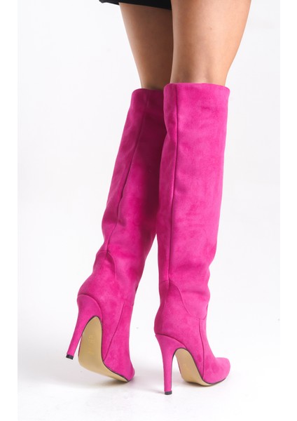 Ince Yüksek Topuklu Süet Diz Üstü Kadın Fuşya Uzun Çizme modelleri