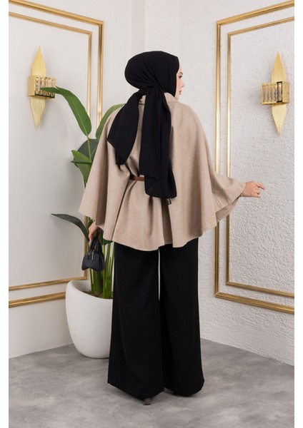Tek Düğmeli Oversize Kemerli Kaşe Panço