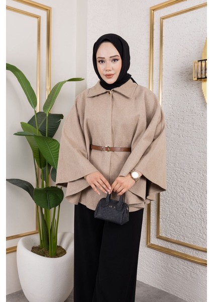 Tek Düğmeli Oversize Kemerli Kaşe Panço modelleri