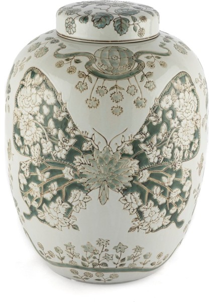 Yeşil Beyaz Kelebekli Kapaklı Vazo 25X32CM