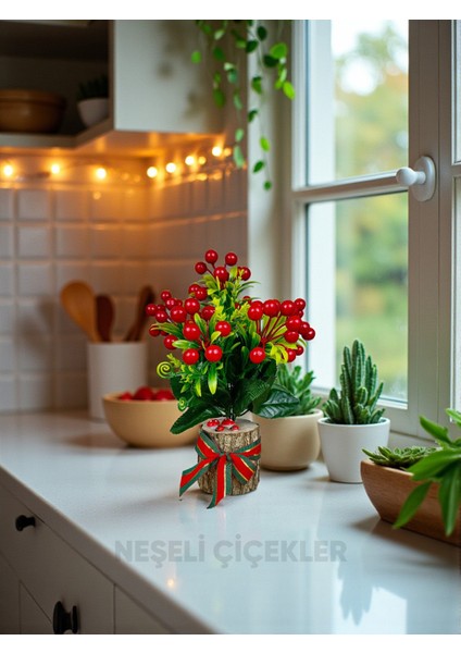 Yapay Çiçek Yılbaşı Süsü Doğal Kütük ve Yapay Kokina Çiçeği 30 cm Dekorasyon Masa Üstü Dekor Ev Süsleri