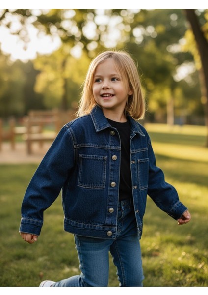Unisex Çocuk Pamuklu Uzun Kollu Cep Detayli Denim Ceket