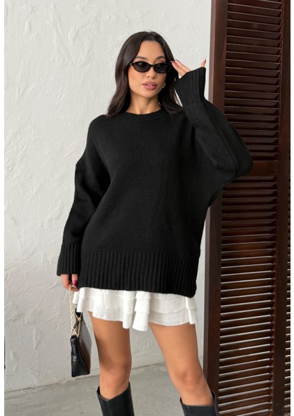 Kadın Yumuşak Dokulu Bisiklet Yaka Oversize Basic Triko Kazak