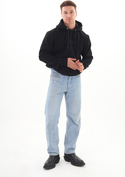 Unisex Nakışlı Siyah Kapüşonlu Sweatshirt (Nakış Lacivert Renk) Kanguru Cep Detaylı Hem Erkek Hem De Kadın Için Dizayn Edilmiştir