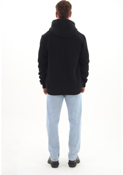 Unisex Nakışlı Siyah Kapüşonlu Sweatshirt (Nakış Lacivert Renk) Kanguru Cep Detaylı Hem Erkek Hem De Kadın Için Dizayn Edilmiştir