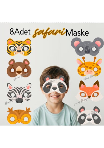 8 Adet Safari Hayvan Konsept Kağıt Parti Maskesi Safari Doğum Günü Süsü