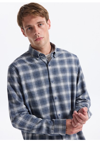 Regular Fit Düğmeli Yaka Ekose Lacivert Erkek Gömlek cm Ryand 8.