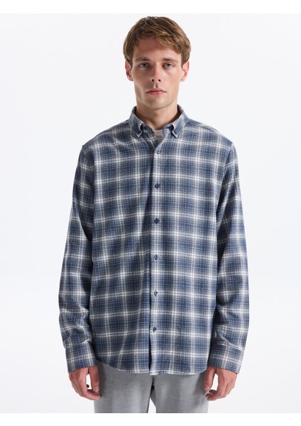 Regular Fit Düğmeli Yaka Ekose Lacivert Erkek Gömlek cm Ryand 8. fiyatları