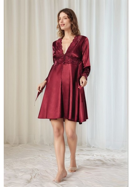 Kadın Bordo Saten Gelin 6'lı Çeyiz Seti Sabahlık & Gecelik & Pijama Şortlu Takım W8U6O0K0KKA modelleri