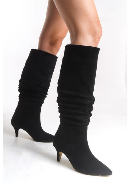 Kadın Büzgü Detaylı Sivri Burun Ince Topuklu Siyah Uzun Çizme fiyatları