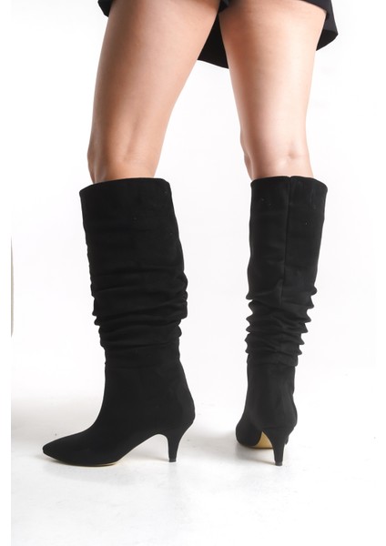 Kadın Büzgü Detaylı Sivri Burun Ince Topuklu Siyah Uzun Çizme fırsatları