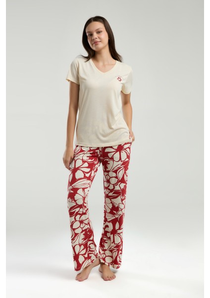 Kadın Viskon Kumaş V Yaka Kısa Kollu Ikili Takım