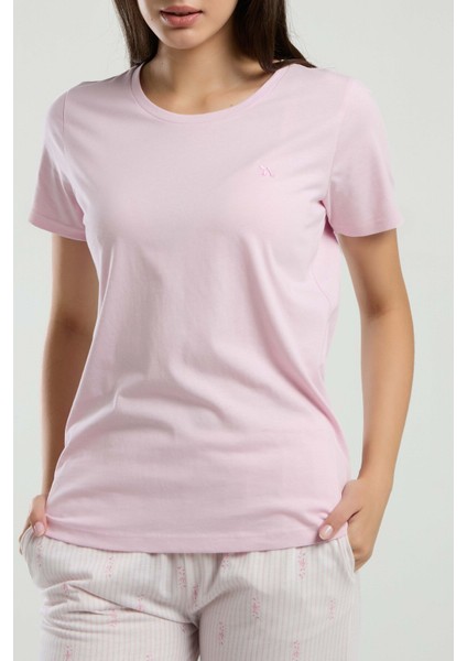 Kadın Pembe Viskon Kumaş Bisiklet Yaka Kısa Kollu Ikili Takım Çorap Hediyeli