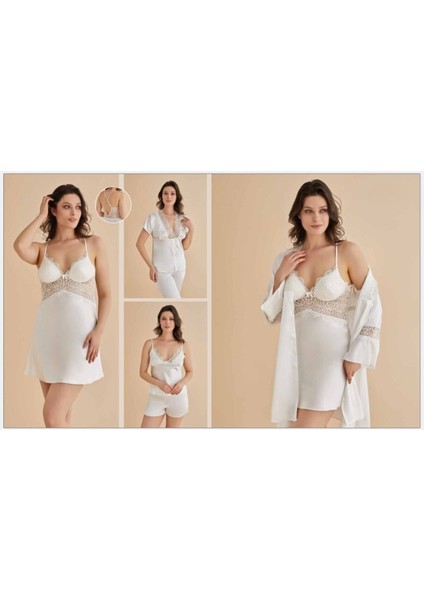 Kadın Ekru Gecelik&sabahlık&şortlu Takım&pijama Takımı 6'lı Saten Gelin Çeyizlik Set W8.7.4.1dkukch modelleri