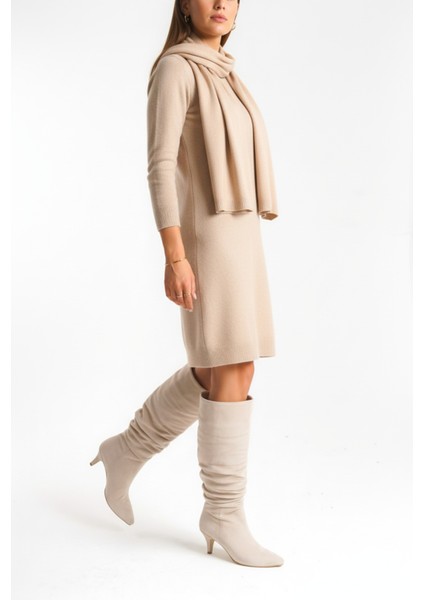 Kadın Bej Büzgü Detaylı Sivri Burun Ince Topuklu Uzun Çizme indirimleri