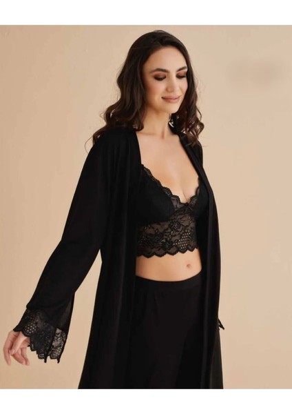 Kadın Penye Siyah Bralet&gecelik&sabahlık 4'lü Takım Kutulu Set W5.5.3.2dkukchss