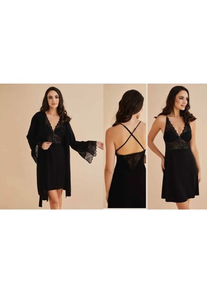 Kadın Penye Siyah Bralet&gecelik&sabahlık 4'lü Takım Kutulu Set W5.5.3.2dkukchss modelleri