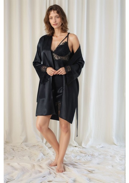 Kadın Siyah Saten Gelin 6'lı Çeyiz Seti Sabahlık & Gecelik & Pijama Şortlu Takım W8U6O7K0KKA