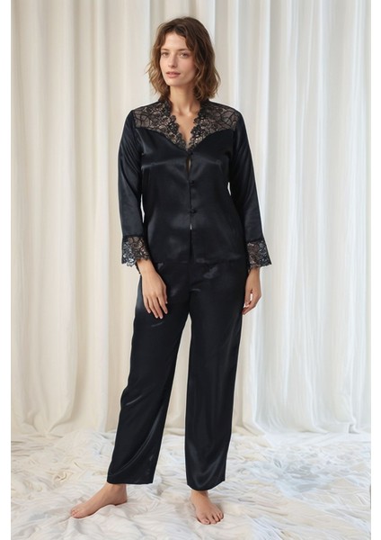 Kadın Siyah Saten Gelin 6'lı Çeyiz Seti Sabahlık & Gecelik & Pijama Şortlu Takım W8U6O7K0KKA modelleri