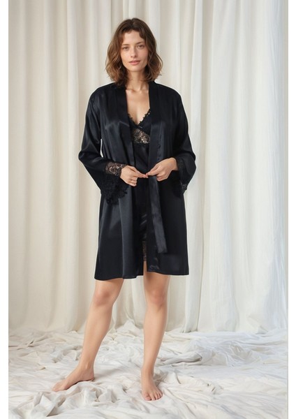 Kadın Siyah Saten Gelin 6'lı Çeyiz Seti Sabahlık & Gecelik & Pijama Şortlu Takım W8U6O7K0KKA