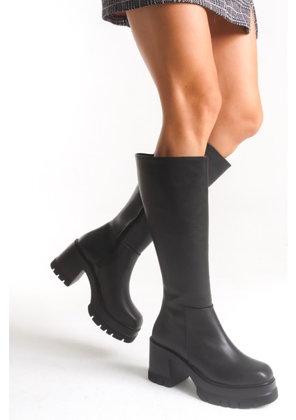 Kadın Siyah Kalın Taban Yuvarlak Burun Platform Topuklu Deri Görünümlü Fermuarlı Uzun Çizme fiyatları