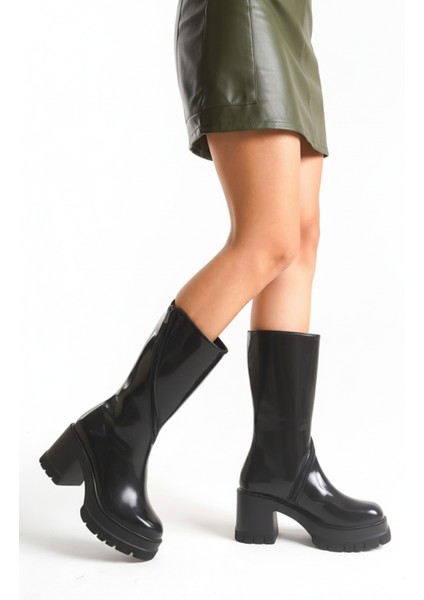 Kadın Siyah Yuvarlak Burun Kalın Tabanlı Fermuarlı Platform Topuklu Uzun Çizme fiyatları