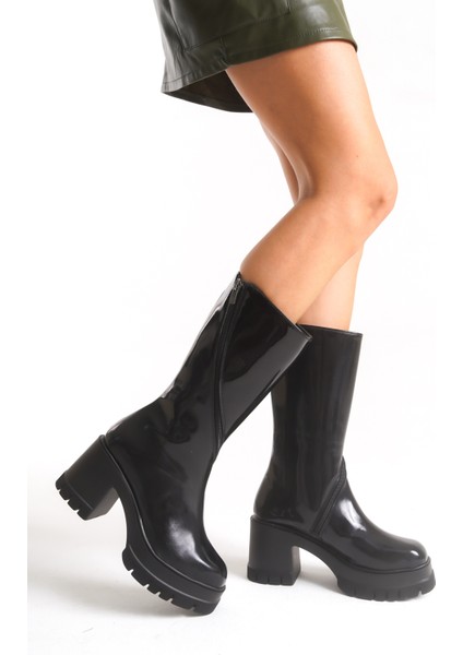 Kadın Siyah Yuvarlak Burun Kalın Tabanlı Fermuarlı Platform Topuklu Uzun Çizme indirimleri