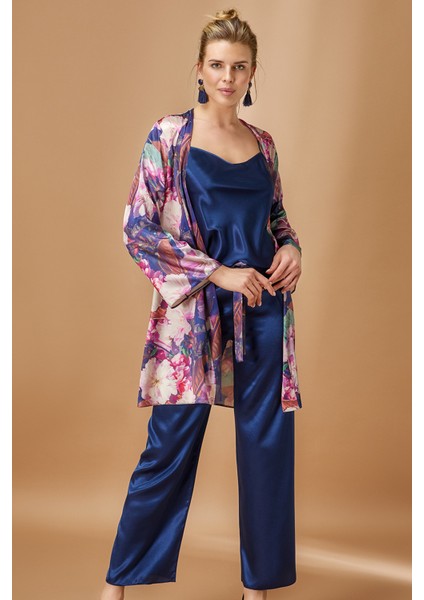 Kadın Saten Lacivert Çiçek Detaylı Sabahlıklı Pijama Takımı W.6N0K6.2RK.T.K.S