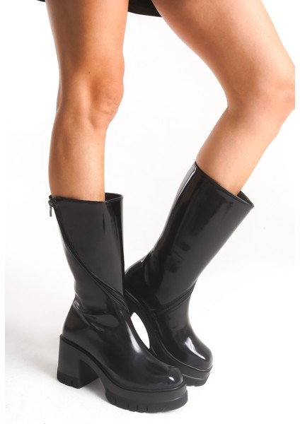 Kadın Siyah Yuvarlak Burun Kalın Tabanlı Fermuarlı Platform Topuklu Uzun Çizme