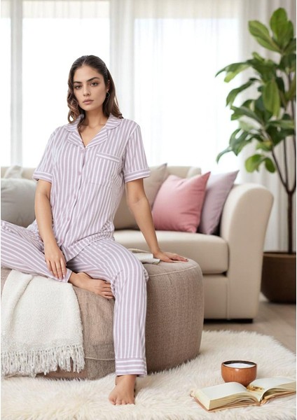 Kadın Çizgili Lila Renk Gömlek Pantolon Pijama Takımı