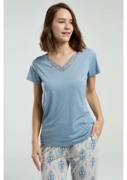 Kadın Süprem Kumaş Dantel Yaka Kısa Kollu Ikili Takım modelleri